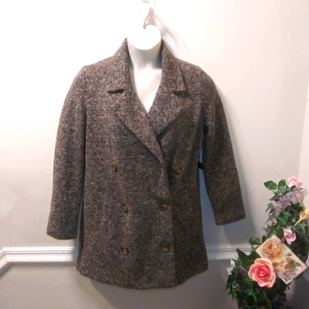 Ambiance Lightweight Marled Brown & White, Woven Polyester Pea Coat Style Jacket